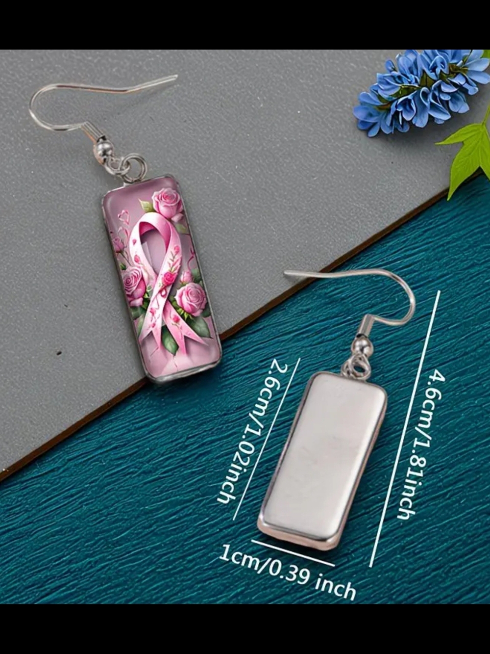 Pink Ribbon Floral Glass Dangle Earrings Stainless Steel